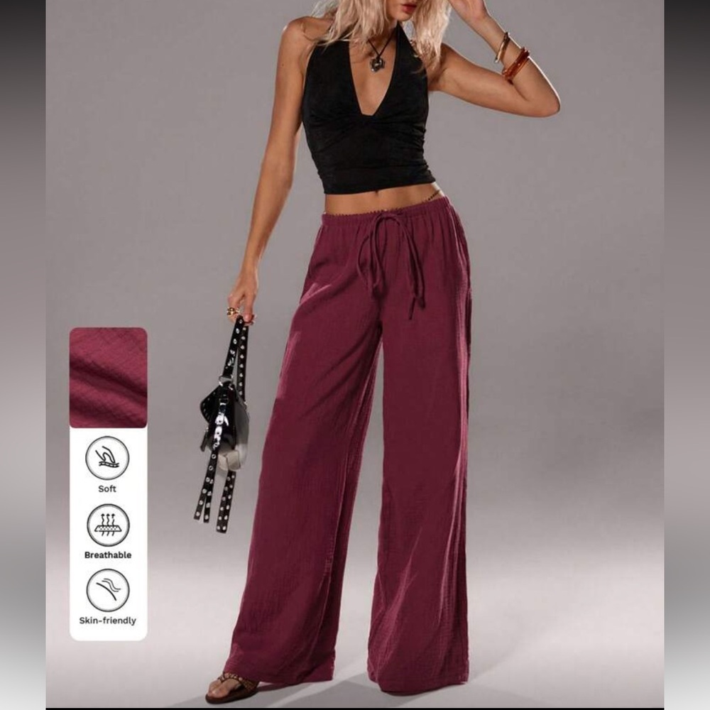 Women's Burgundy Wide-Leg Pants